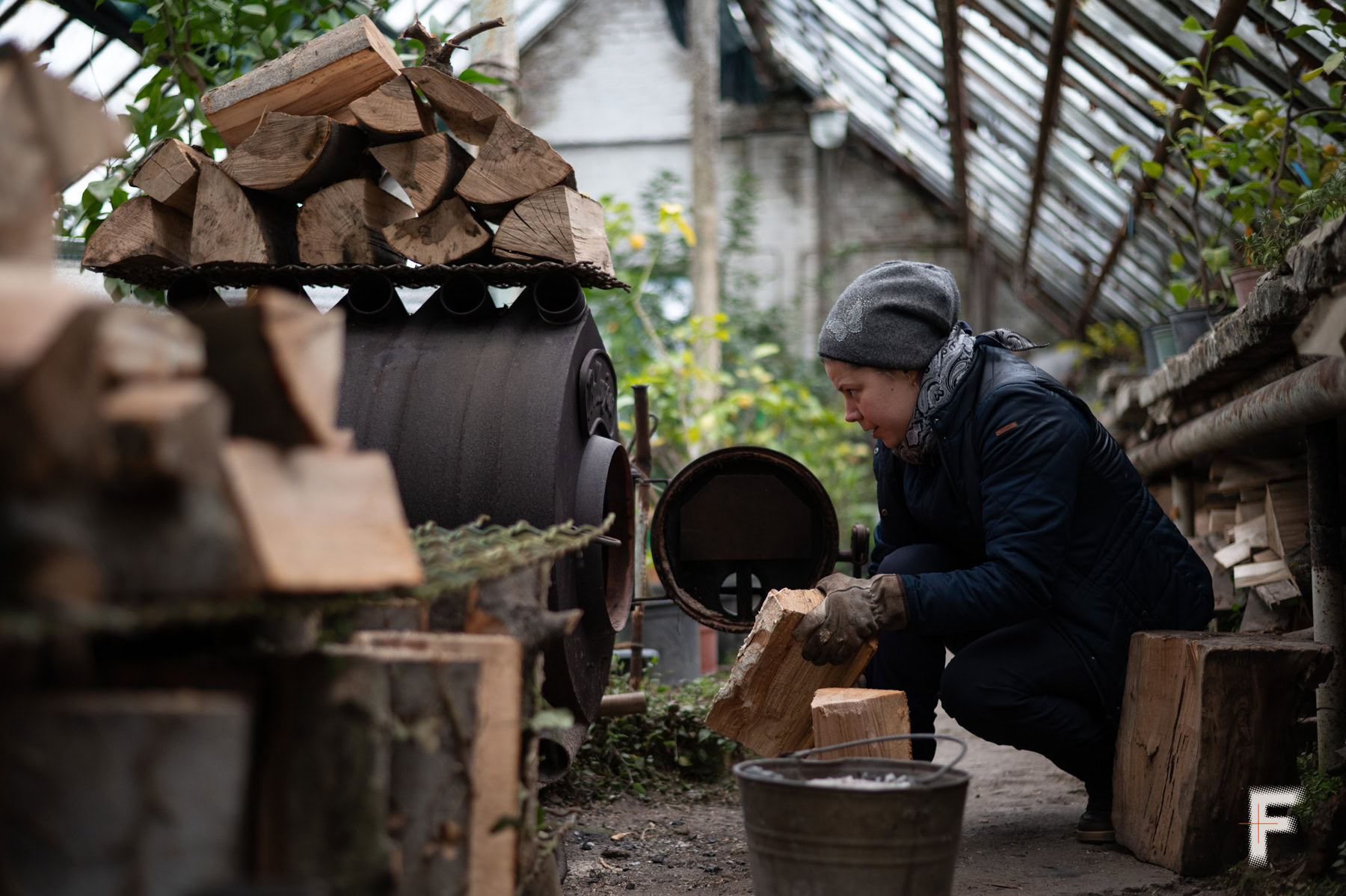 Працівниця ботанічного саду доглядає за рослинами в теплиці.