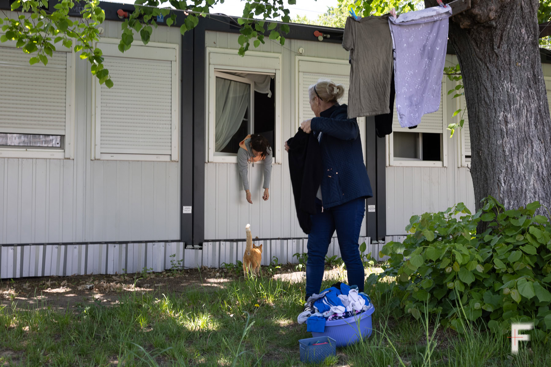 Жінка визирає з вікна модульного будинку та кличе кішку біля тимчасового житла у Бучі, Україна, 14 травня 2026 року.