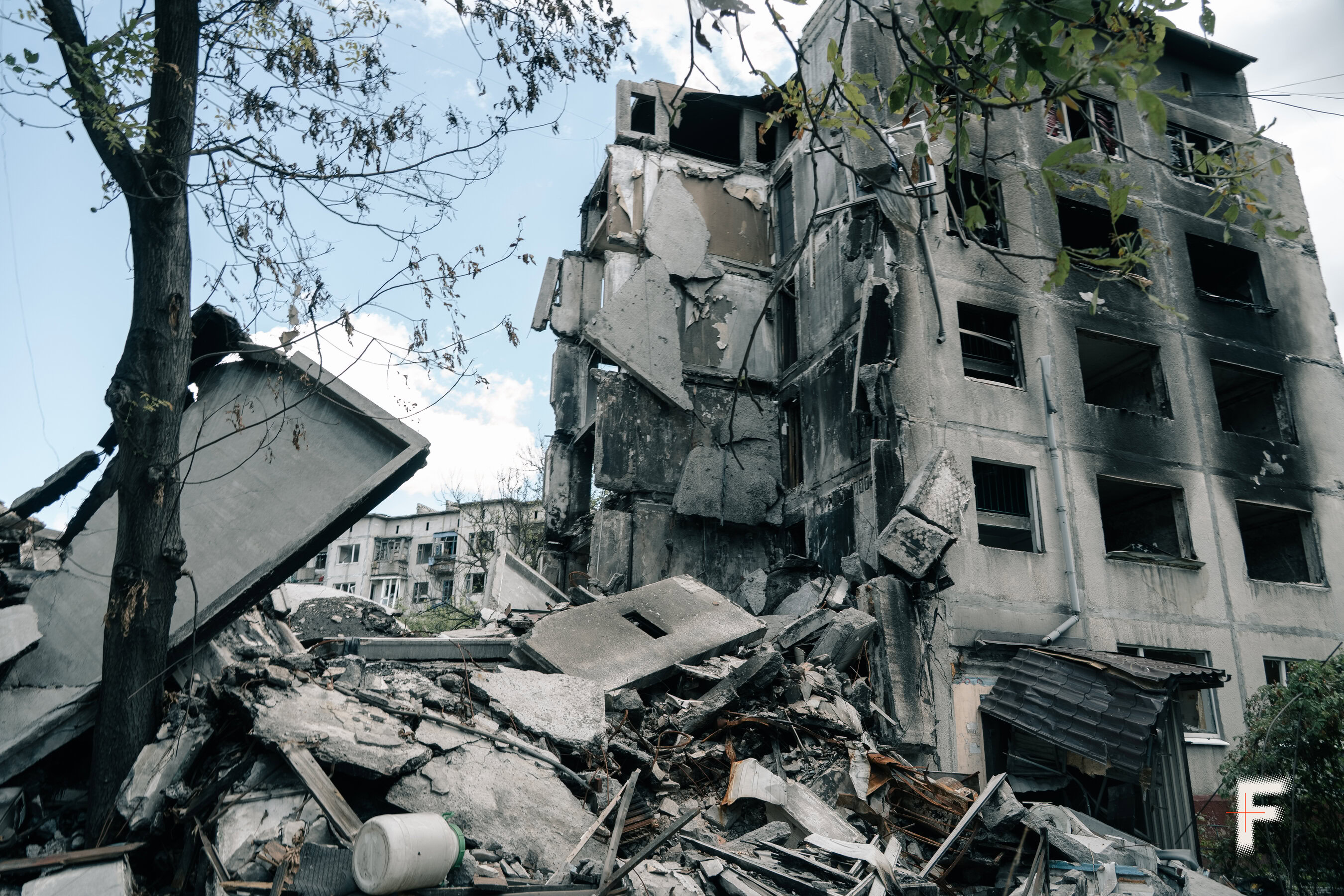 Ряд зруйнованих будинків уздовж вулиці в Добропіллі після обстрілів.